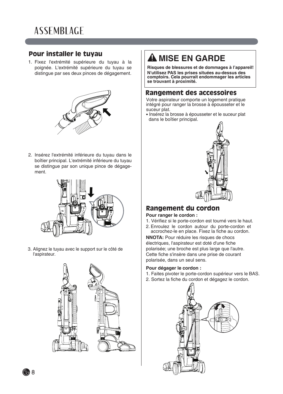 Mise en garde, Pour installer le tuyau, Rangement des accessoires rangement du cordon | LG LUV250C User Manual | Page 49 / 63