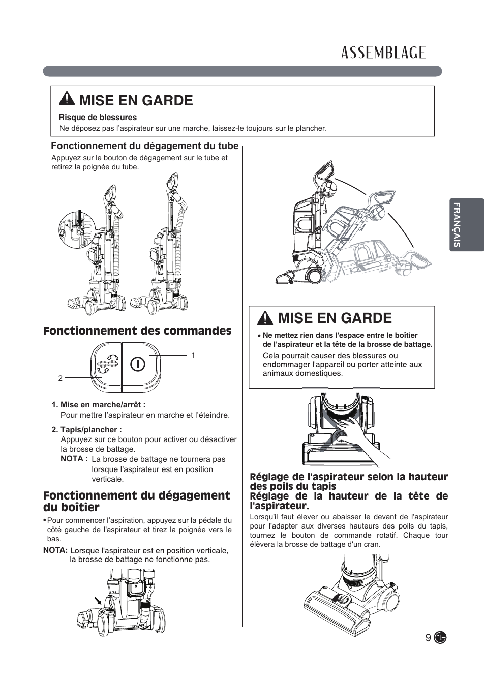 Mise en garde, Fonctionnement des commandes, Fonctionnement du dégagement du boîtier | LG LUV250C User Manual | Page 50 / 63