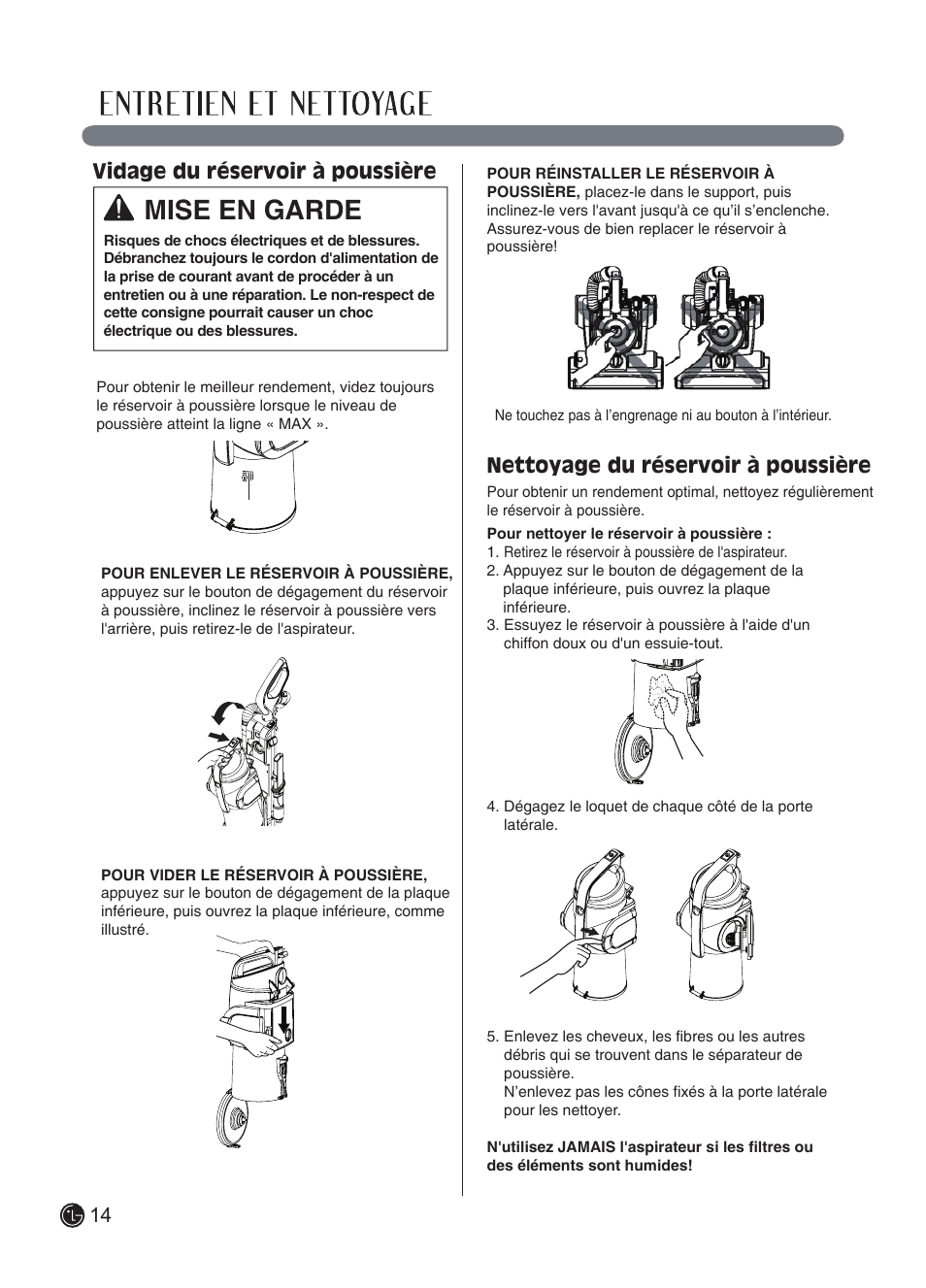 Mise en garde, 14 vidage du réservoir à poussière, Nettoyage du réservoir à poussière | LG LUV250C User Manual | Page 55 / 63