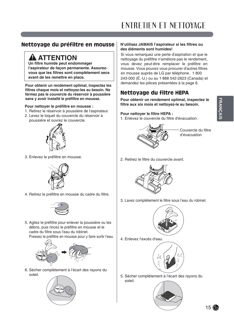 Attention, 15 nettoyage du préfiltre en mousse, Nettoyage du filtre hepa | LG LUV250C User Manual | Page 56 / 63