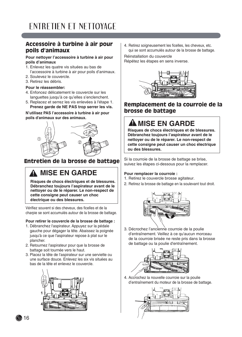 Mise en garde, 16 accessoire à turbine à air pour poils d’animaux, Entretien de la brosse de battage | LG LUV250C User Manual | Page 57 / 63