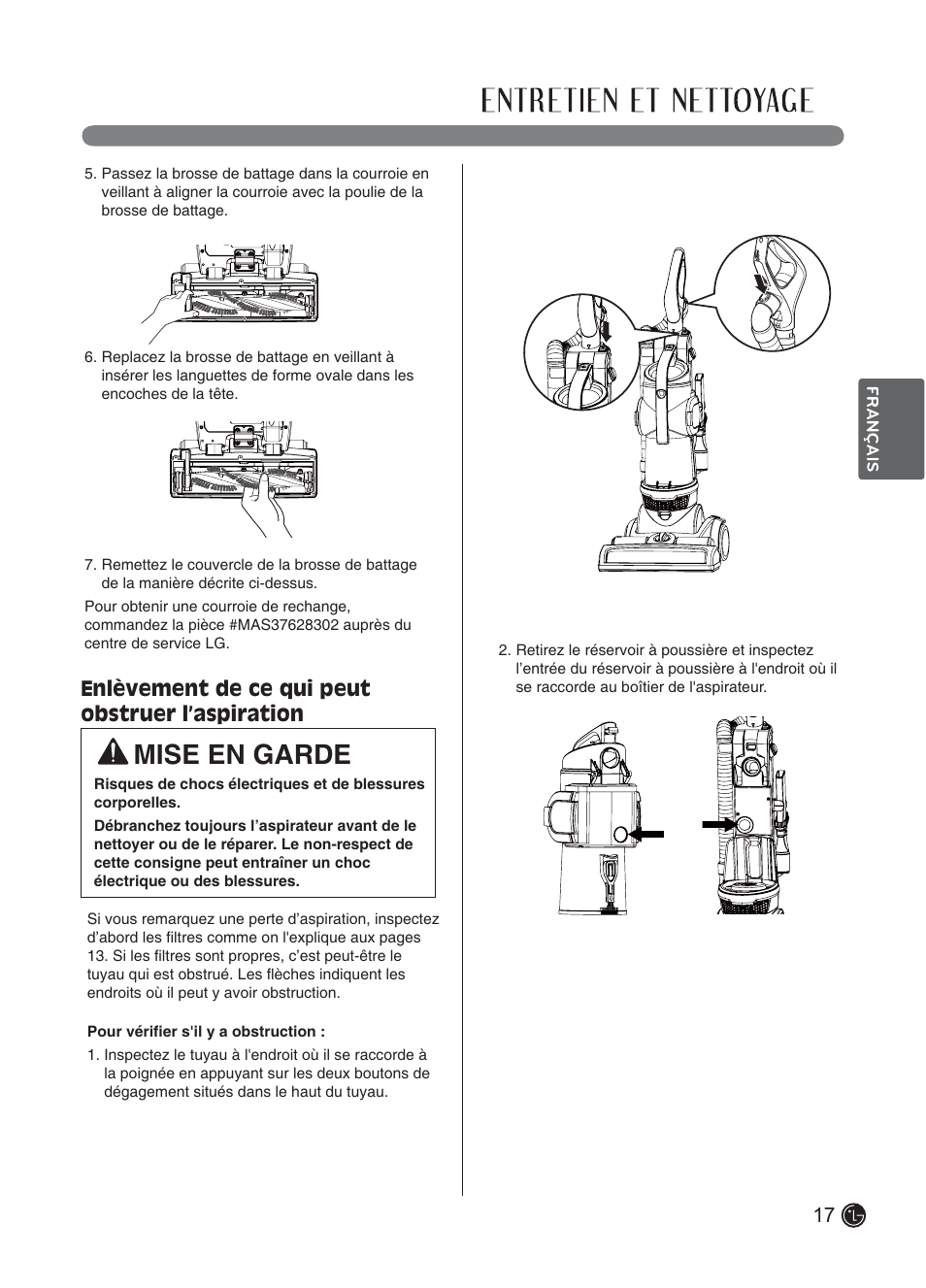 Mise en garde, Enlèvement de ce qui peut obstruer l’aspiration | LG LUV250C User Manual | Page 58 / 63