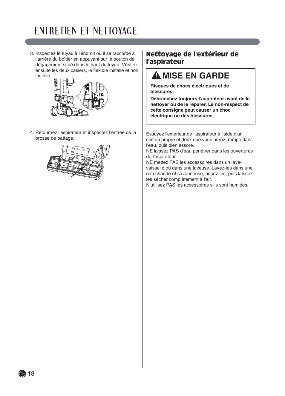 Mise en garde, Nettoyage de l'extérieur de l'aspirateur | LG LUV250C User Manual | Page 59 / 63
