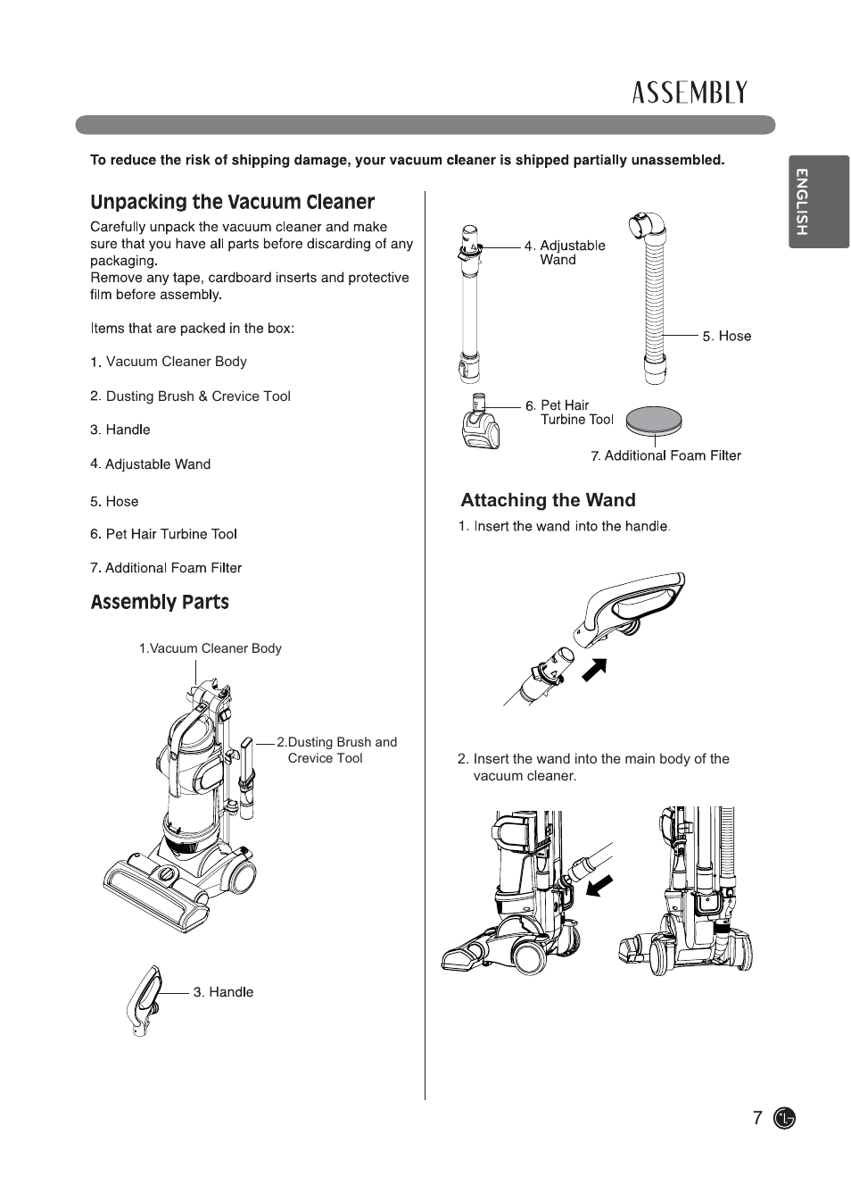 Attaching the wand | LG LUV250C User Manual | Page 8 / 63