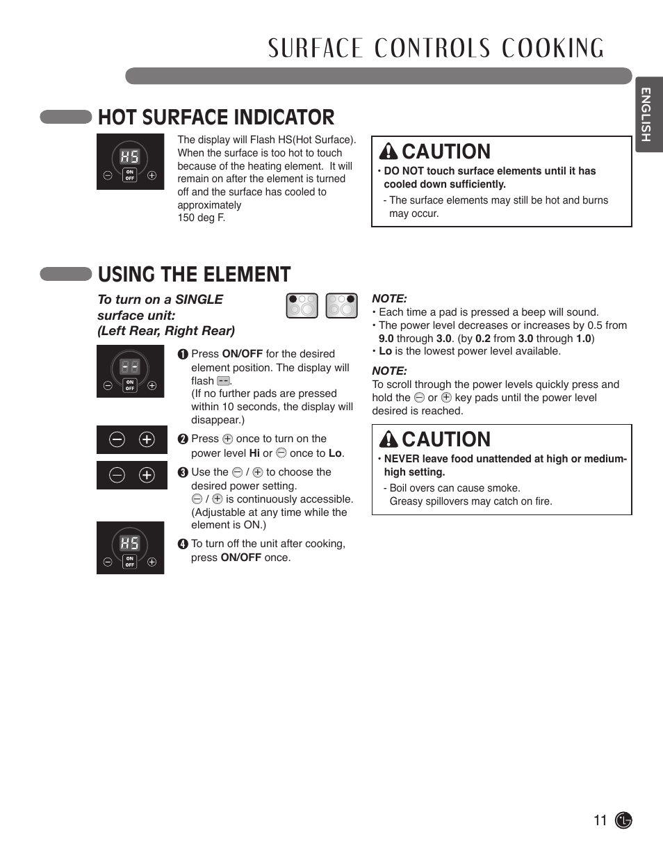 Hot surface indicator, Using the element, Caution | LG LDE3017SW User Manual | Page 11 / 53
