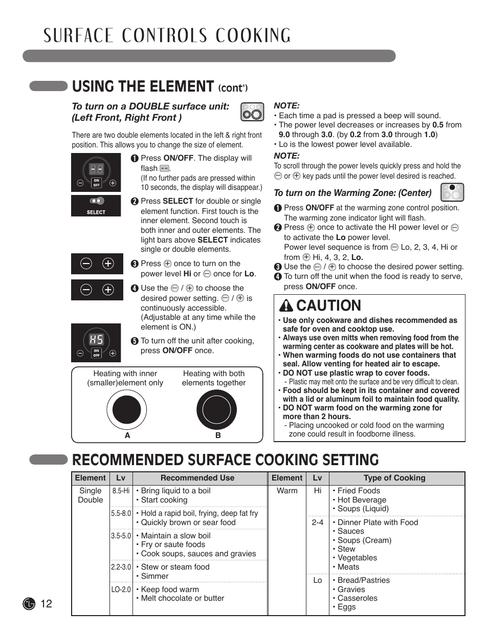 Using the element, Recommended surface cooking setting, Caution | LG LDE3017SW User Manual | Page 12 / 53