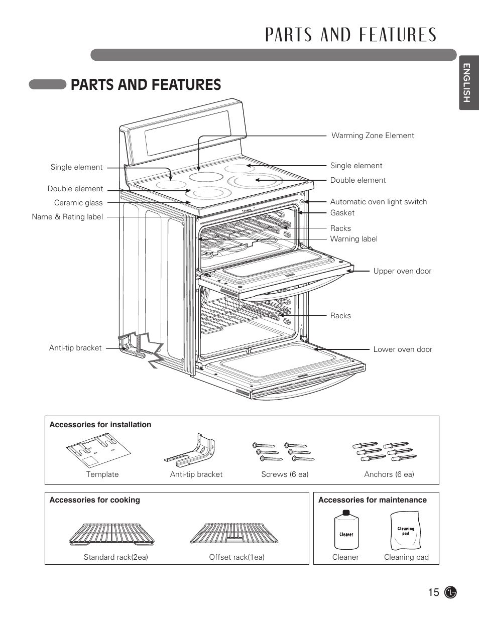 Parts and features | LG LDE3017SW User Manual | Page 15 / 53