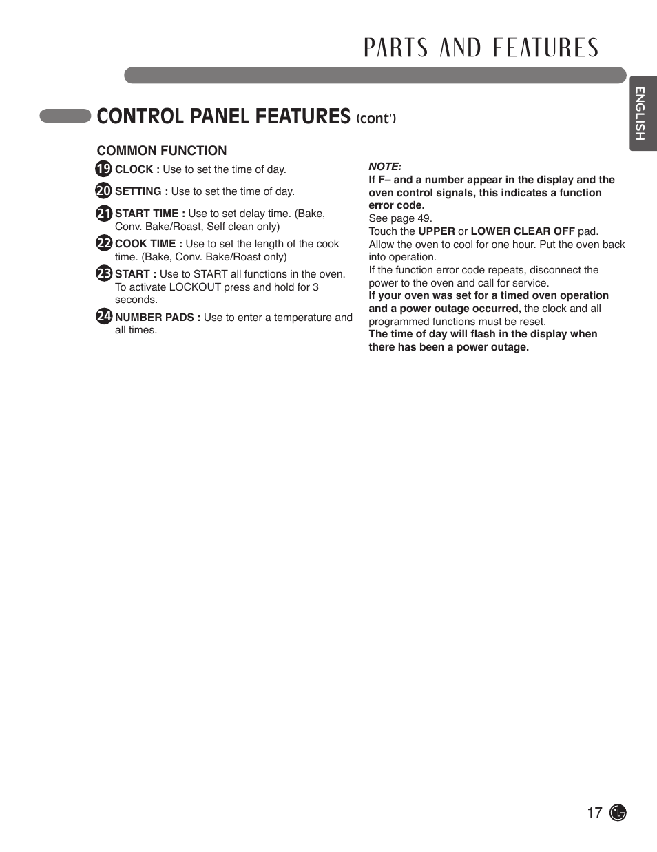 Control panel features | LG LDE3017SW User Manual | Page 17 / 53