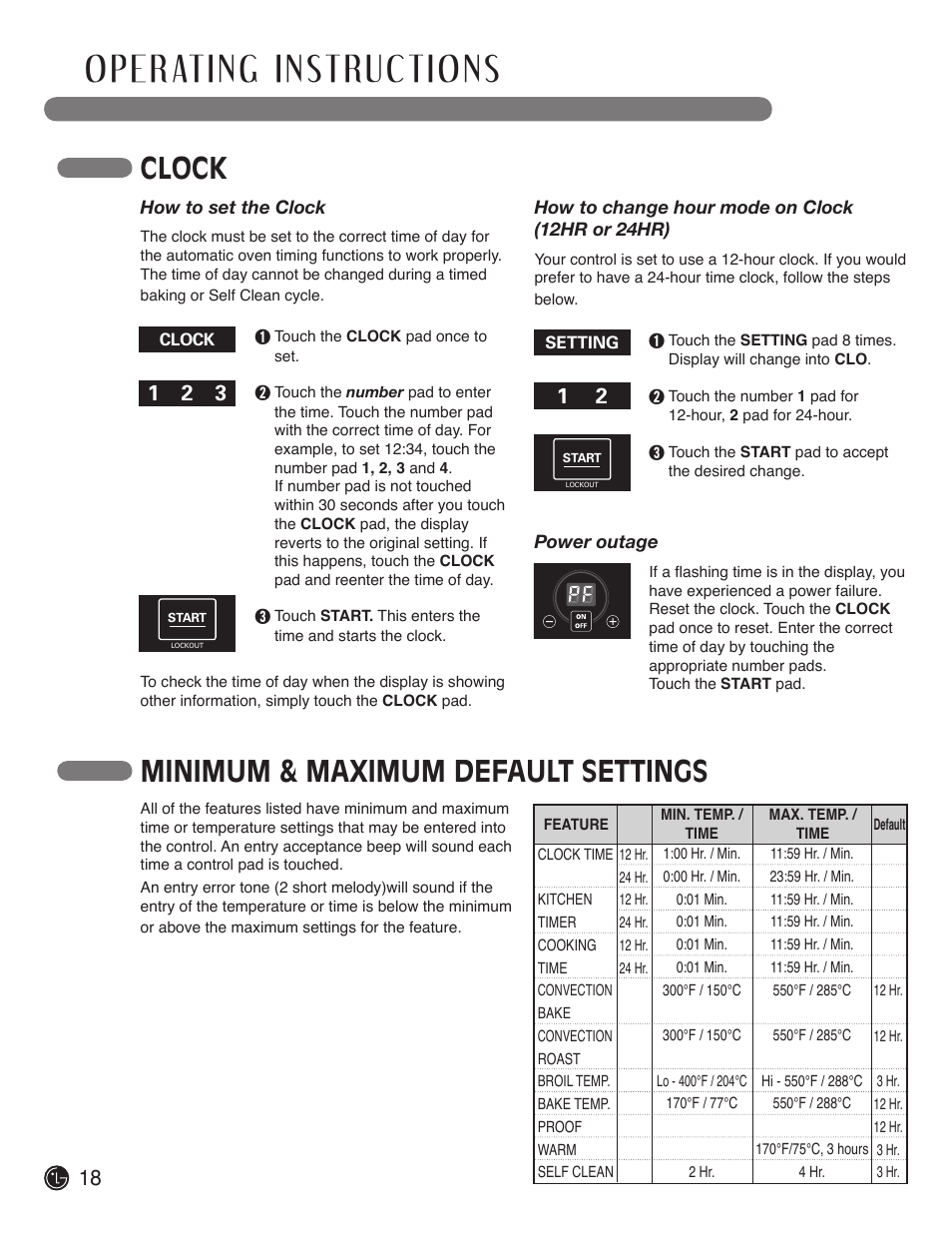 Clock, Minimum & maximum default settings | LG LDE3017SW User Manual | Page 18 / 53