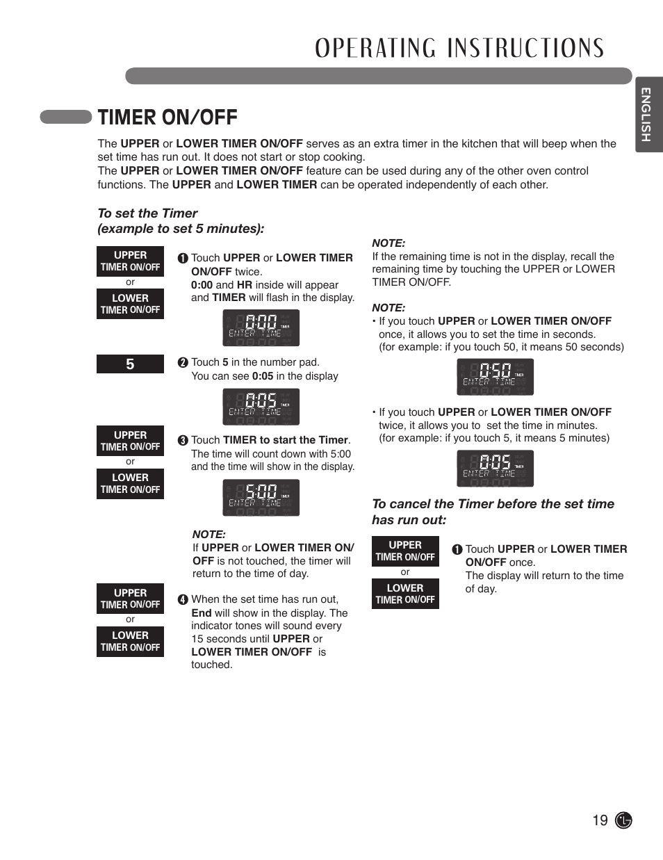 Timer on/off | LG LDE3017SW User Manual | Page 19 / 53