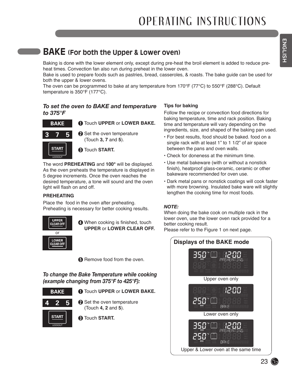 Bake, For both the upper & lower oven) | LG LDE3017SW User Manual | Page 23 / 53