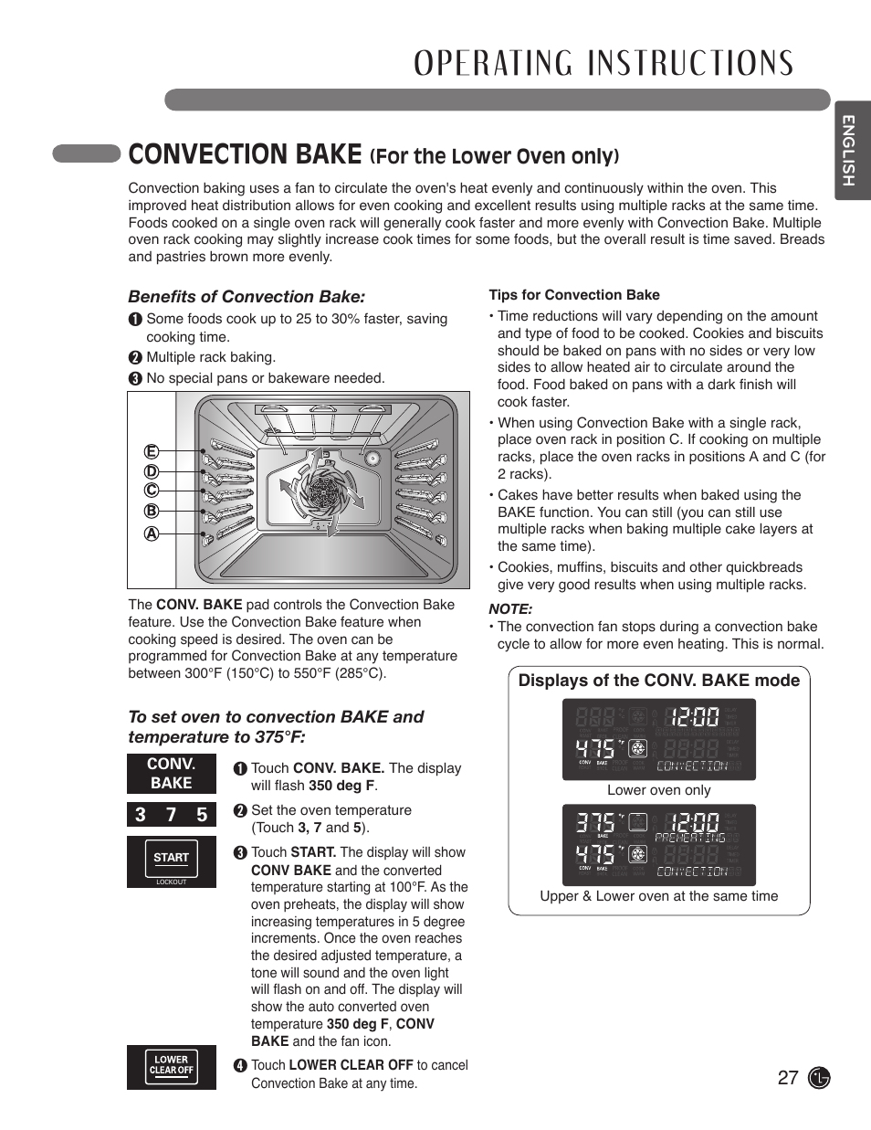 Convection bake, For the lower oven only) | LG LDE3017SW User Manual | Page 27 / 53