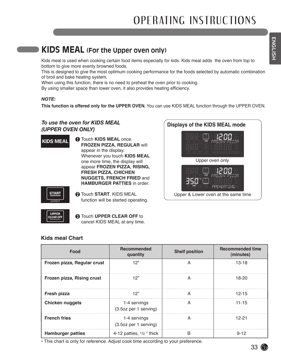 Kids meal, For the upper oven only) | LG LDE3017SW User Manual | Page 33 / 53