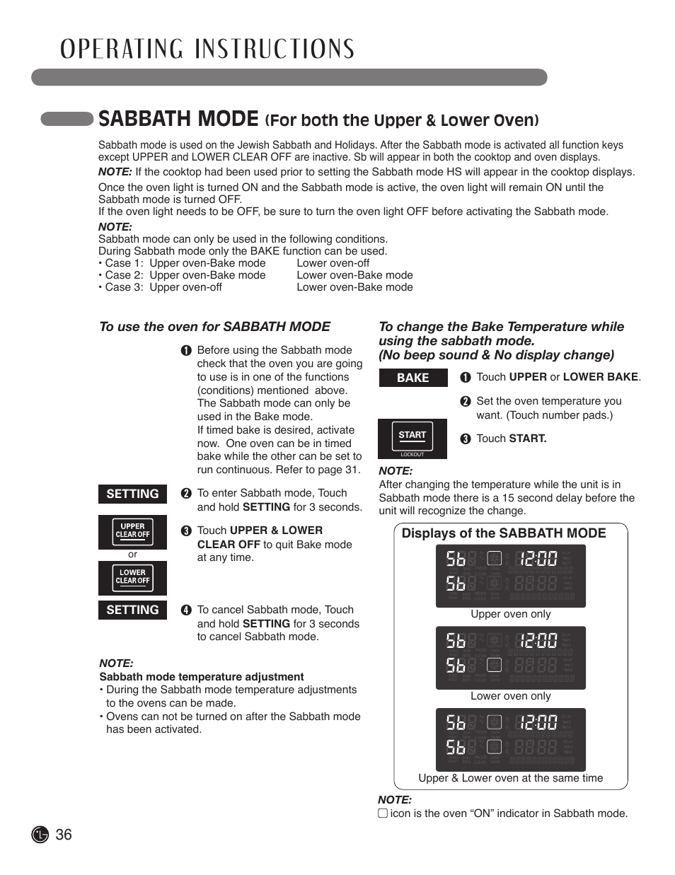 Sabbath mode, For both the upper & lower oven) | LG LDE3017SW User Manual | Page 36 / 53