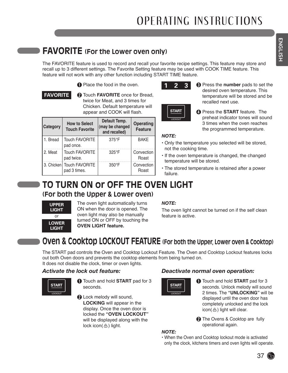 Oven & cooktop lockout feature, Favorite, For both the upper, lower oven & cooktop) | For both the upper & lower oven), For the lower oven only) | LG LDE3017SW User Manual | Page 37 / 53