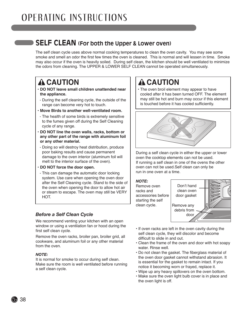 Self clean, Caution, For both the upper & lower oven) | LG LDE3017SW User Manual | Page 38 / 53