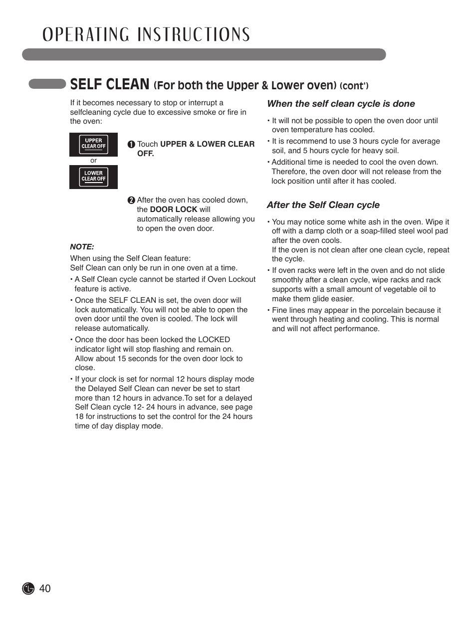 Self clean, For both the upper & lower oven) | LG LDE3017SW User Manual | Page 40 / 53
