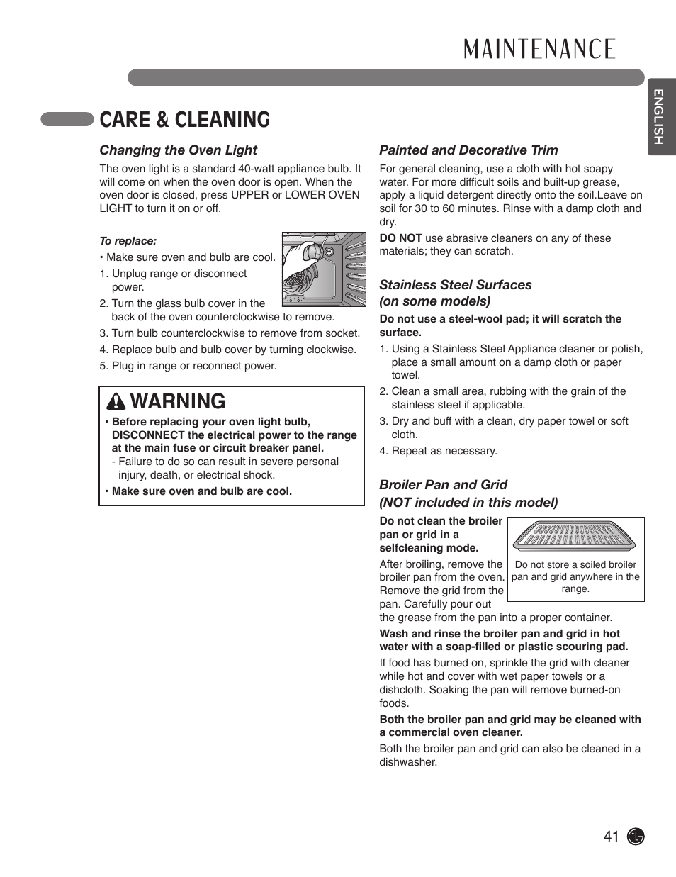 Care & cleaning, Warning | LG LDE3017SW User Manual | Page 41 / 53