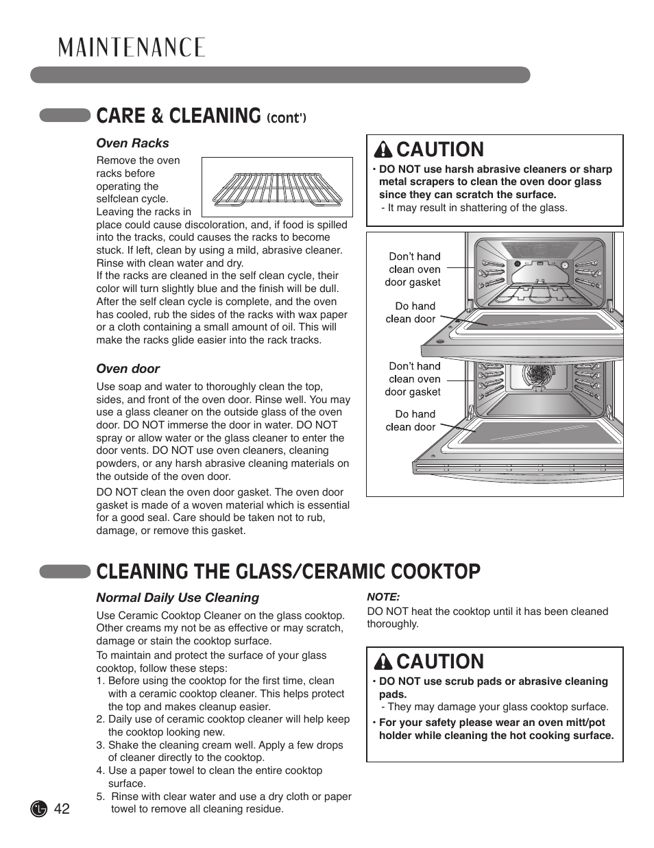 Care & cleaning, Caution, Cleaning the glass/ceramic cooktop | LG LDE3017SW User Manual | Page 42 / 53