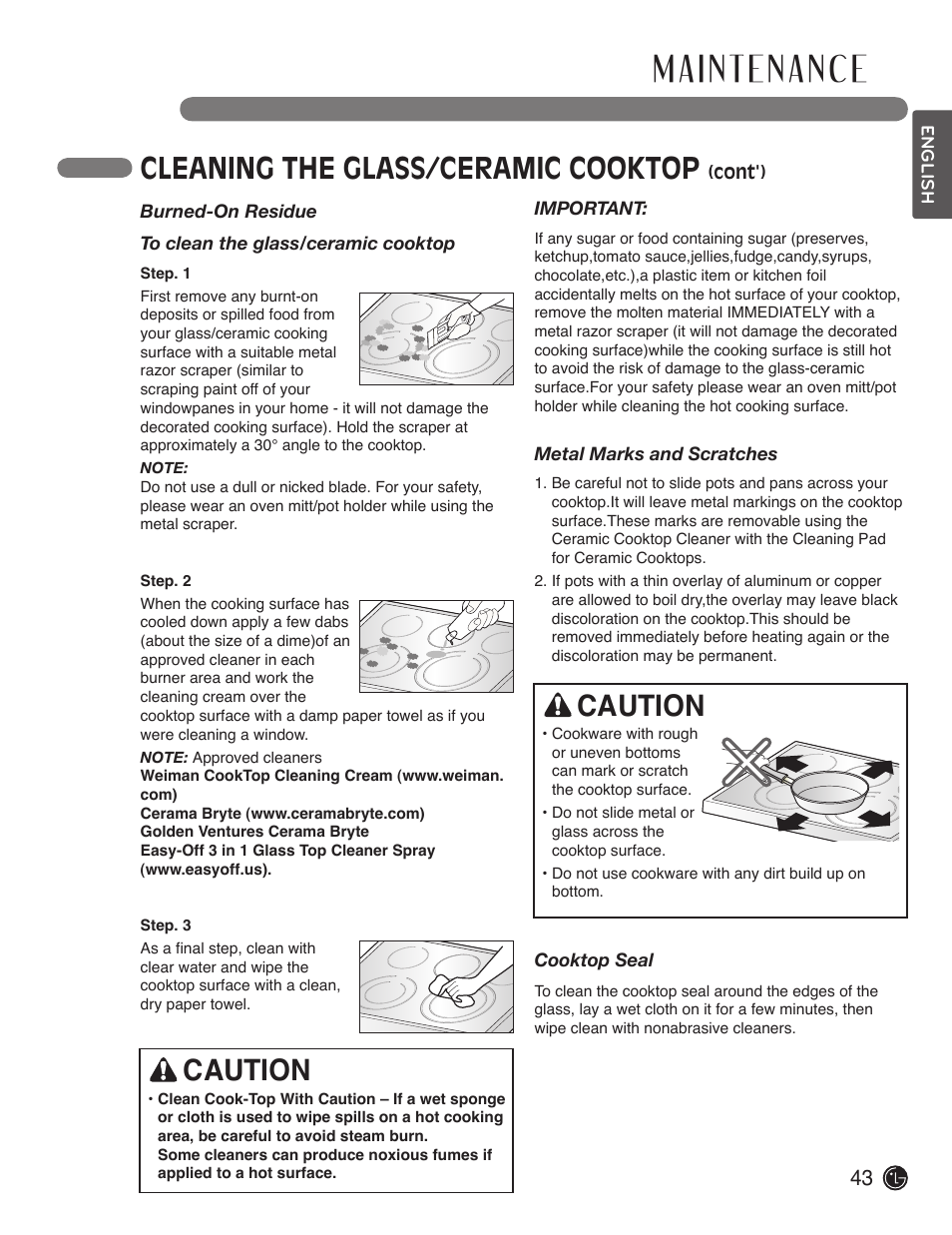 Cleaning the glass/ceramic cooktop, Caution | LG LDE3017SW User Manual | Page 43 / 53