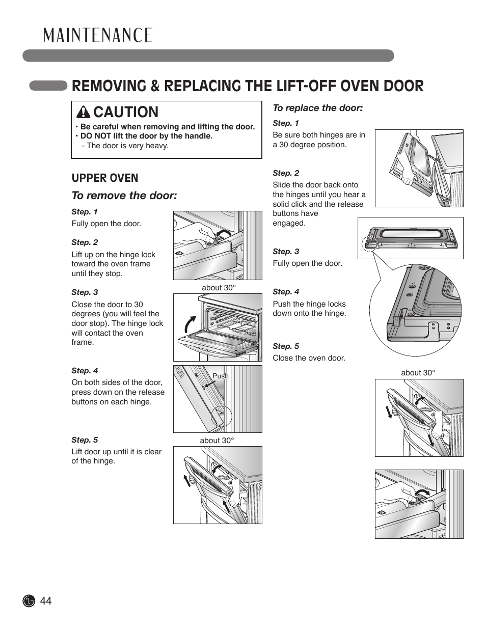 Removing & replacing the lift-off oven door, Caution, Upper oven to remove the door | LG LDE3017SW User Manual | Page 44 / 53