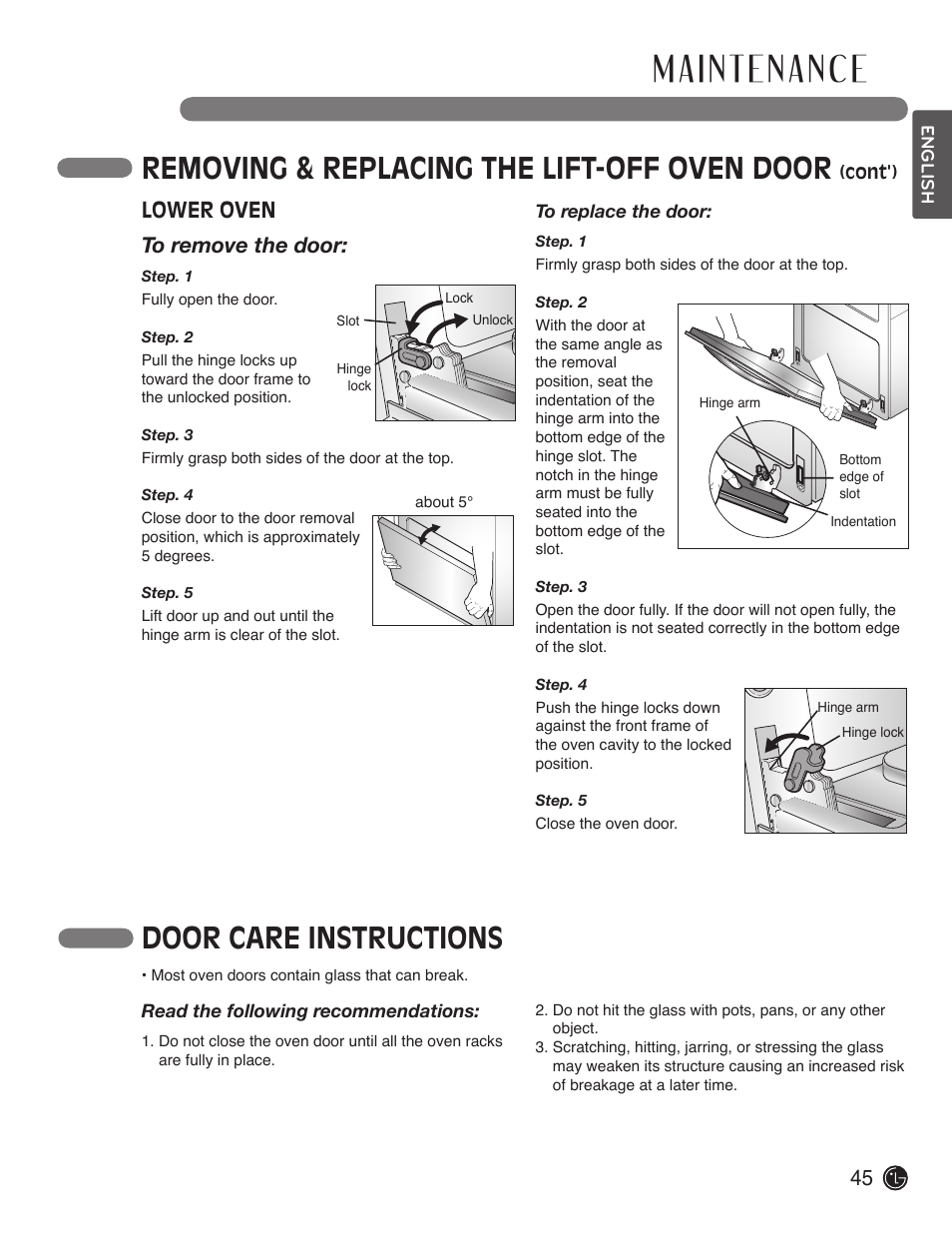 Removing & replacing the lift-off oven door, Door care instructions, Lower oven to remove the door | LG LDE3017SW User Manual | Page 45 / 53