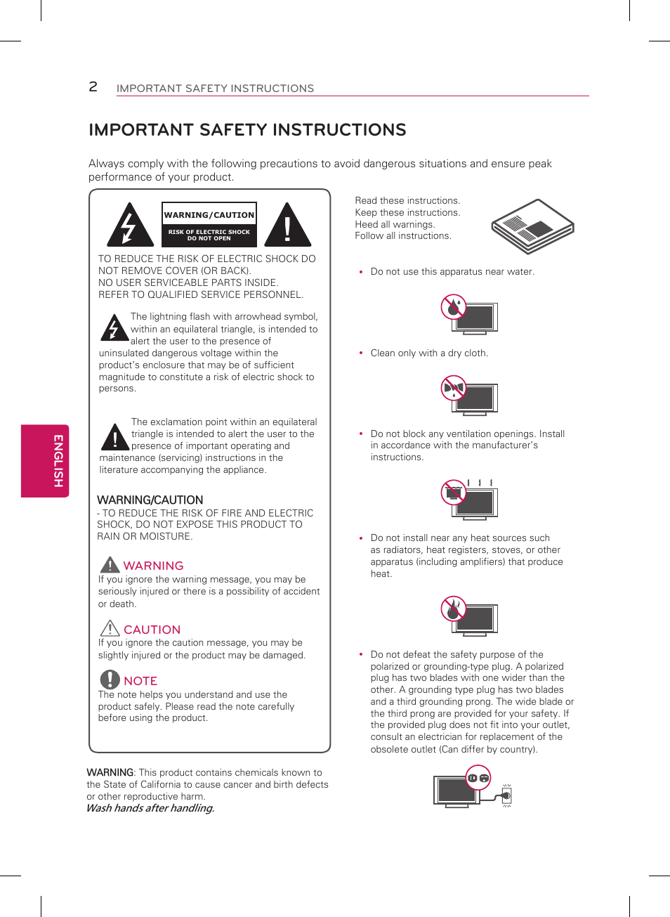 English, Warning, Caution | Important safety instructions, Warning/caution | LG 55LB7200 User Manual | Page 2 / 40