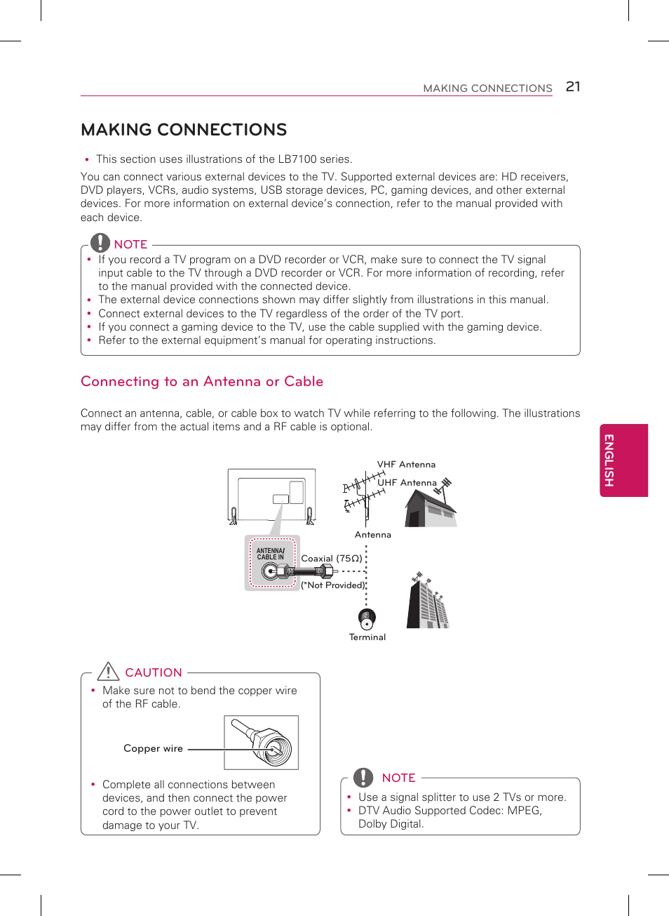 Making connections, Connecting to an antenna or cable | LG 55LB7200 User Manual | Page 21 / 40