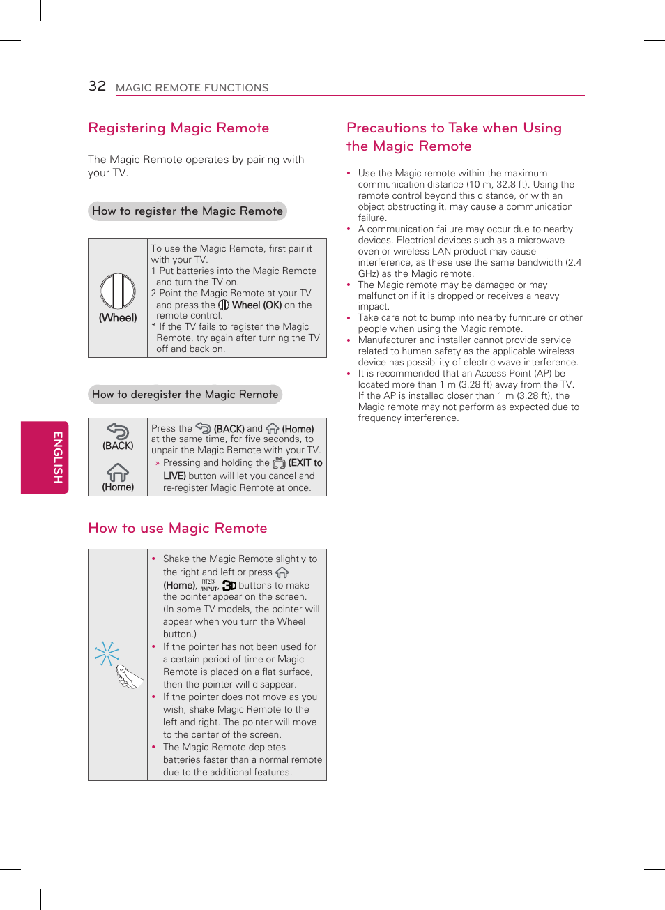 Registering magic remote, How to use magic remote, Precautions to take when using the magic remote | LG 55LB7200 User Manual | Page 32 / 40