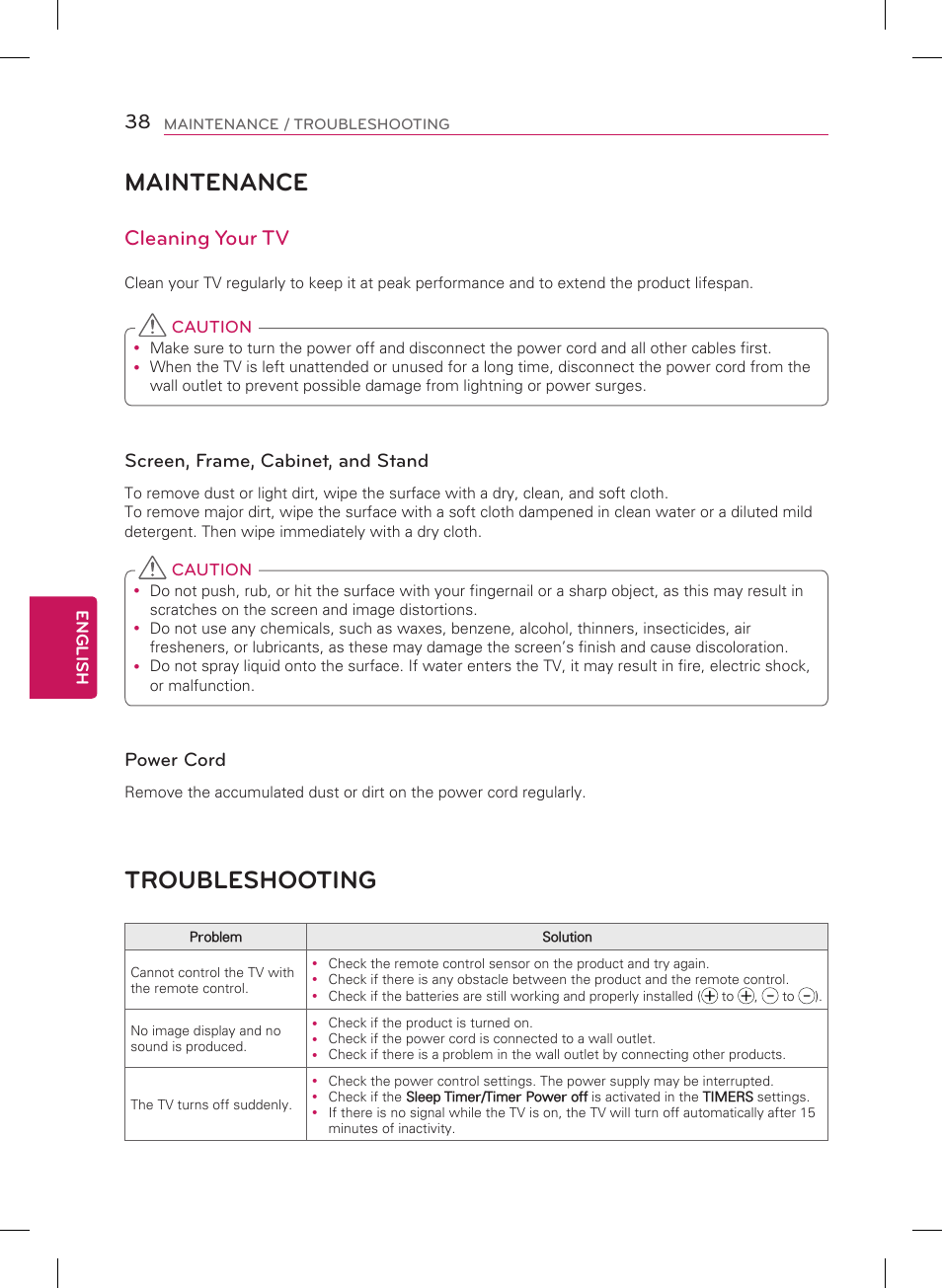 Maintenance, Troubleshooting, Cleaning your tv | Screen, frame, cabinet, and stand, Power cord | LG 55LB7200 User Manual | Page 38 / 40