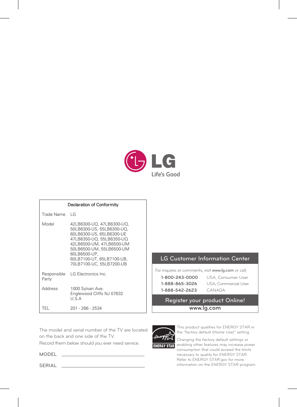 Lg customer information center | LG 55LB7200 User Manual | Page 40 / 40