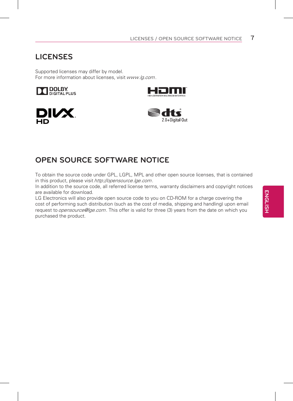 Licenses, Open source software notice | LG 55LB7200 User Manual | Page 7 / 40