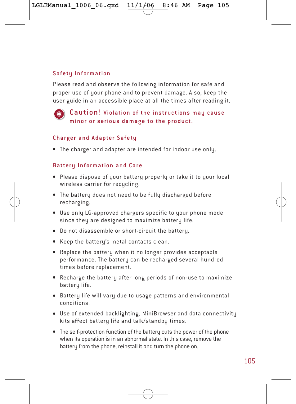 Cau tion, Do not disassemble or short-circuit the battery, Keep the battery’s metal contacts clean | LG DML210 User Manual | Page 105 / 121