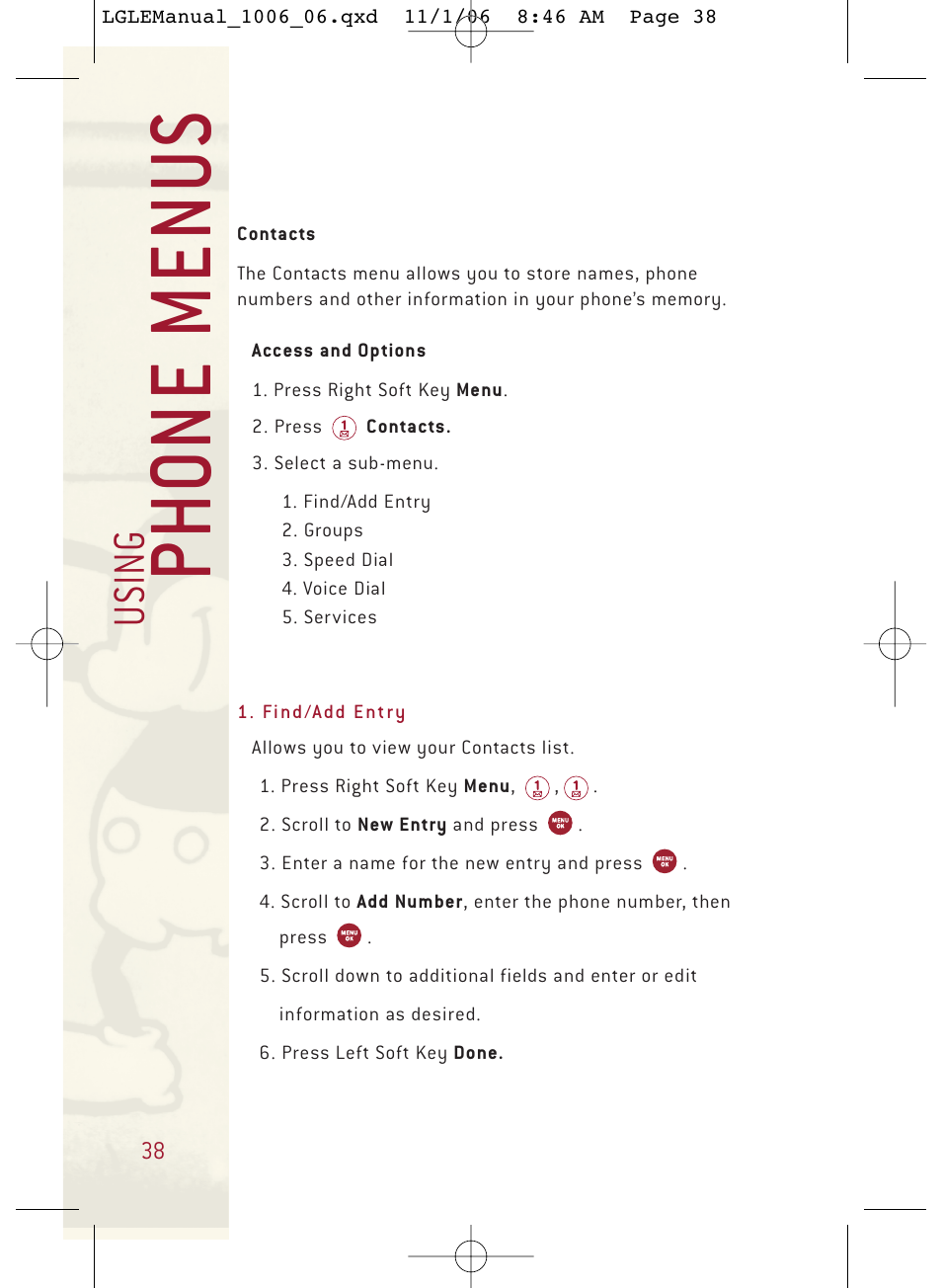 Ph o ne menu s, Usi n g | LG DML210 User Manual | Page 38 / 121