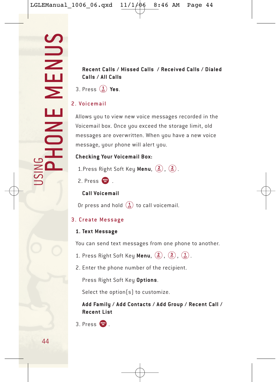 Ph o ne menu s, Usi n g | LG DML210 User Manual | Page 44 / 121