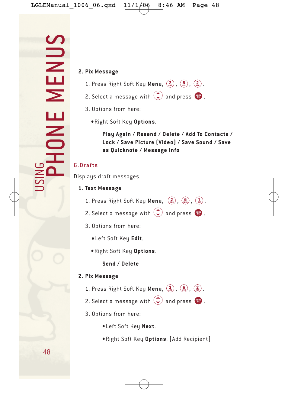 Ph o ne menu s, Usi n g | LG DML210 User Manual | Page 48 / 121