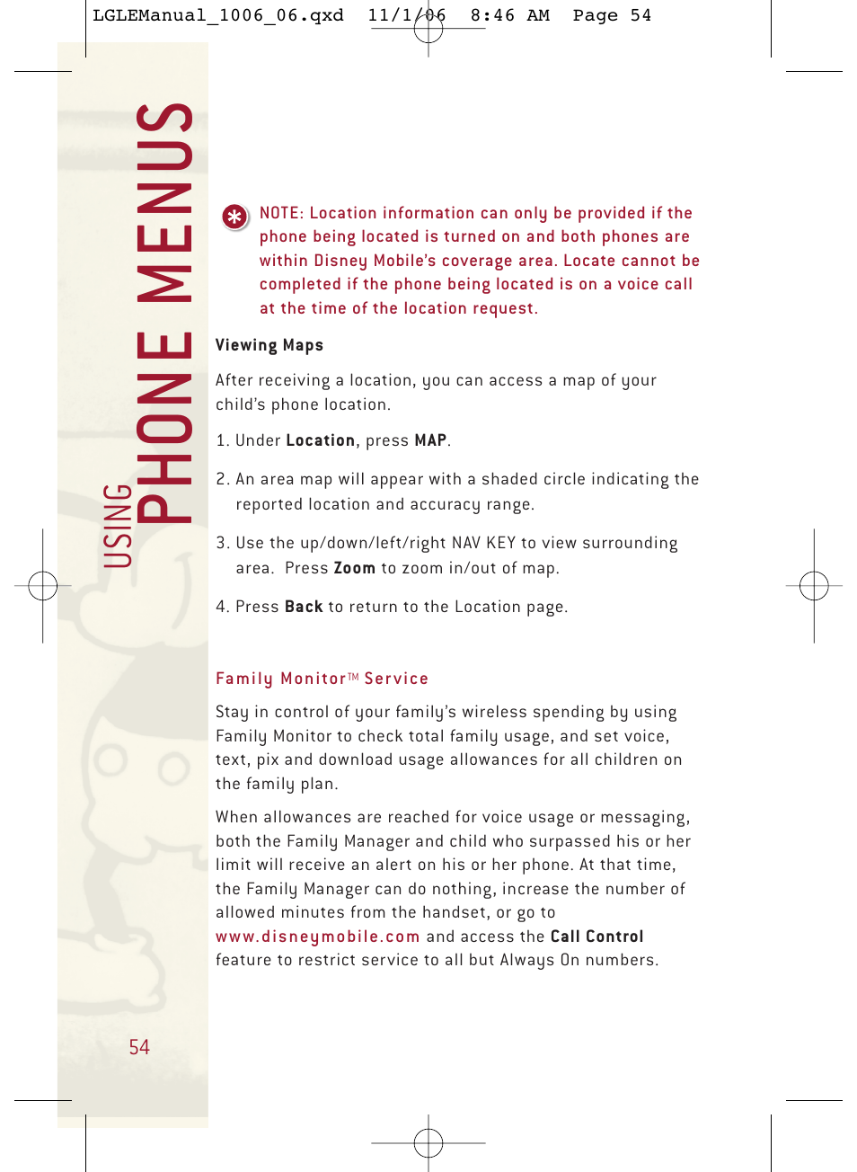 Ph o ne menu s, Usi n g | LG DML210 User Manual | Page 54 / 121