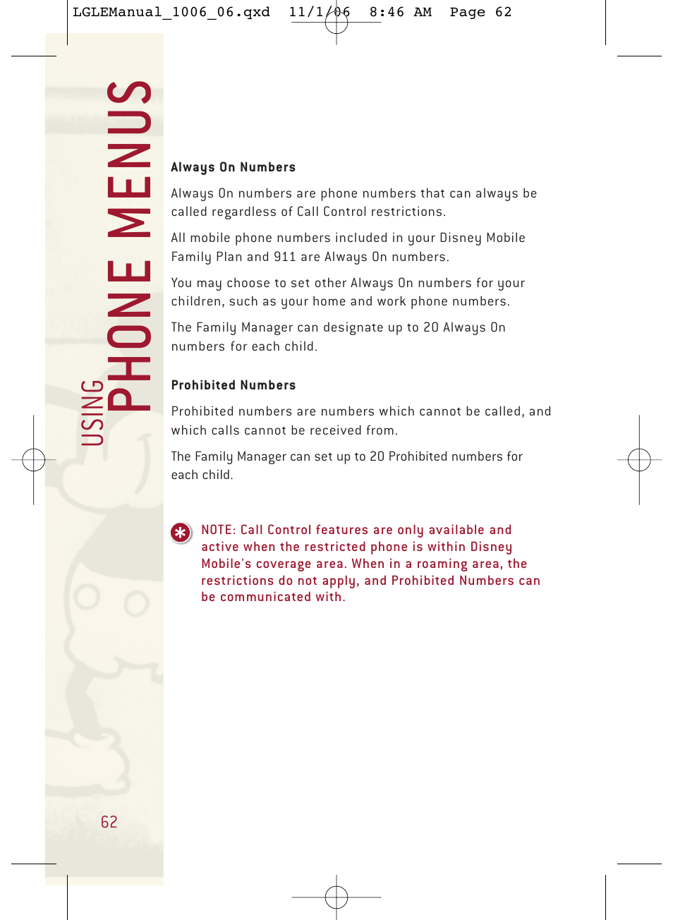 Ph o ne menu s, Usi n g | LG DML210 User Manual | Page 62 / 121