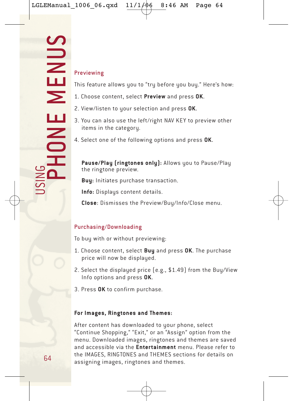 Ph o ne menu s, Usi n g | LG DML210 User Manual | Page 64 / 121