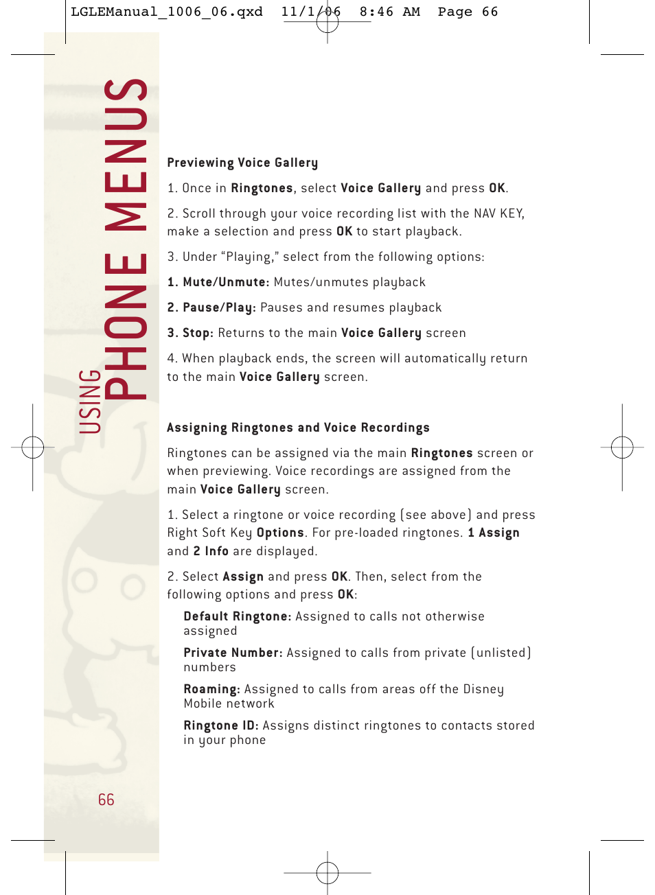 Ph o ne menu s, Usi n g | LG DML210 User Manual | Page 66 / 121