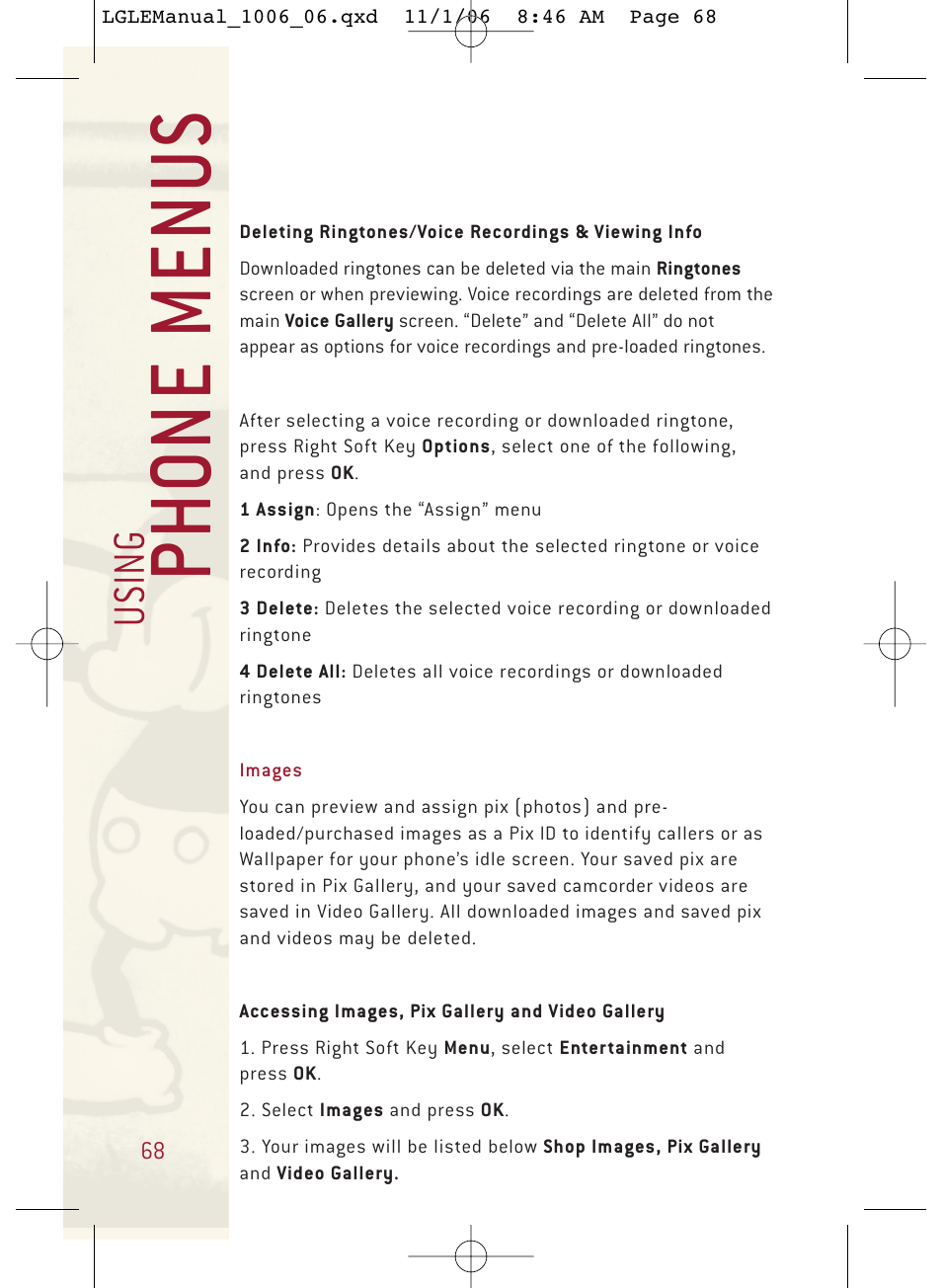 Ph o ne menu s, Usi n g | LG DML210 User Manual | Page 68 / 121