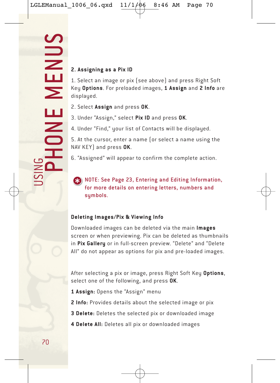 Ph o ne menu s, Usi n g | LG DML210 User Manual | Page 70 / 121