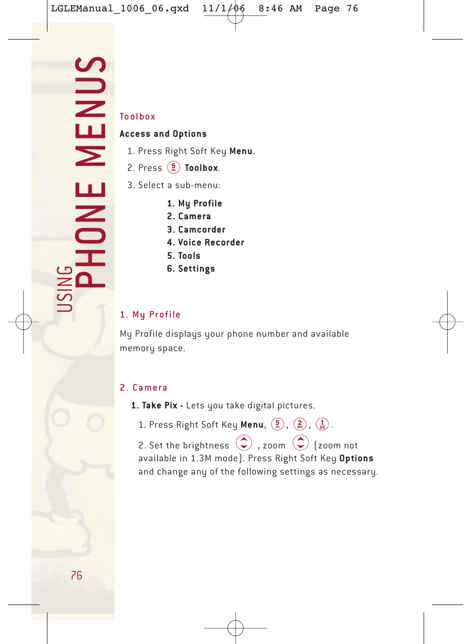 Ph o ne menu s, Usi n g | LG DML210 User Manual | Page 76 / 121