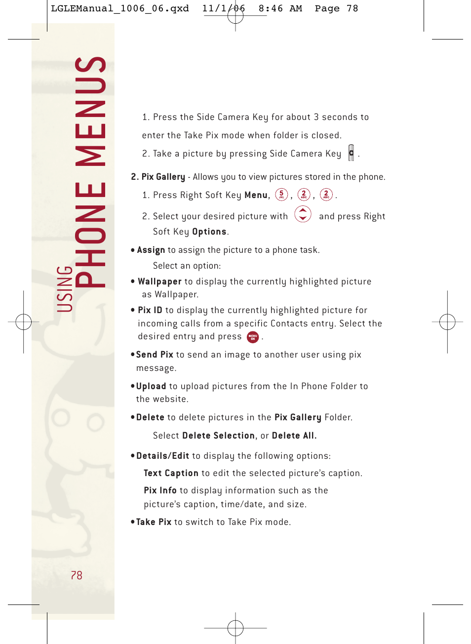 Ph o ne menu s, Usi n g | LG DML210 User Manual | Page 78 / 121