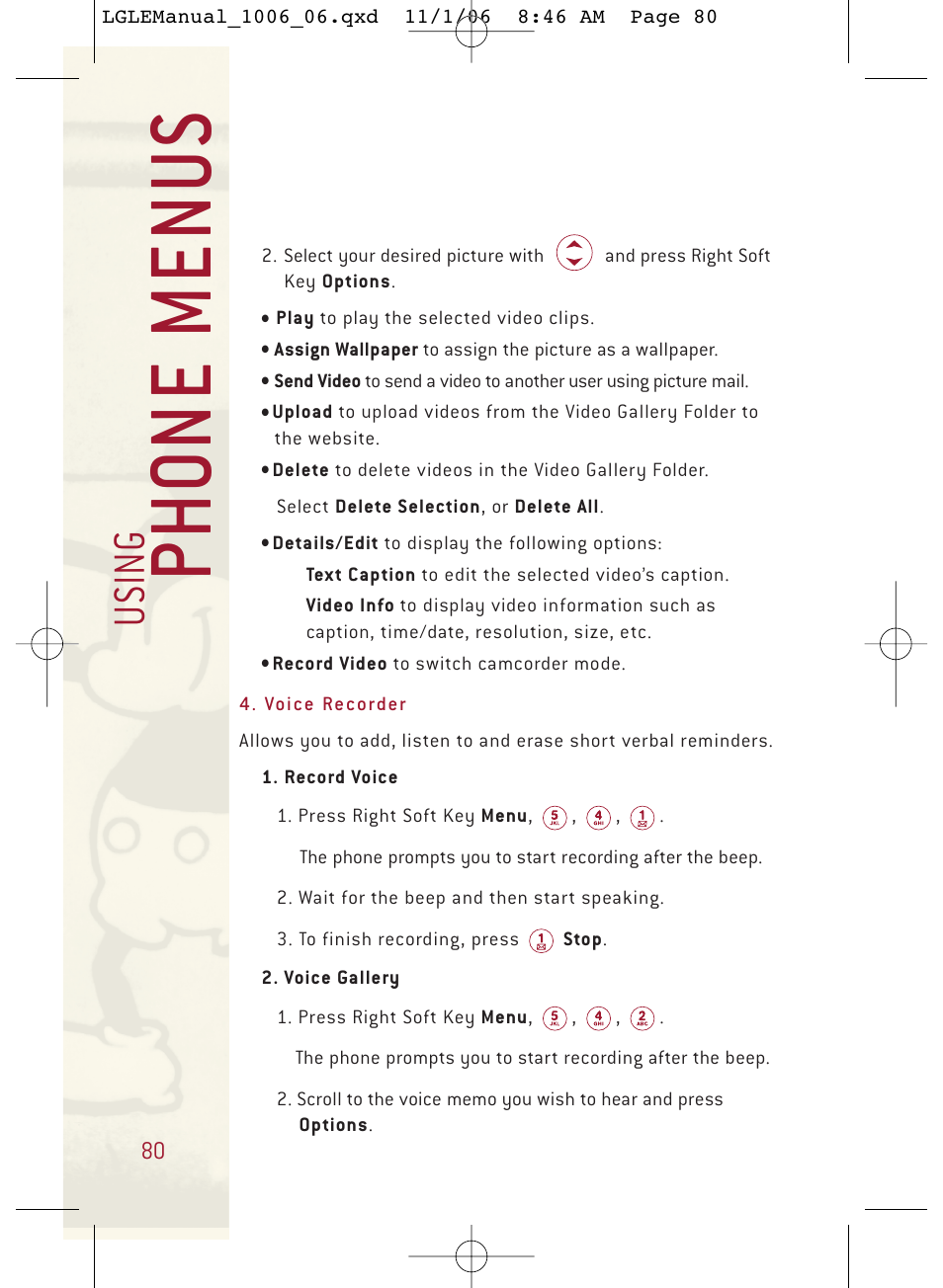 Ph o ne menu s, Usi n g | LG DML210 User Manual | Page 80 / 121