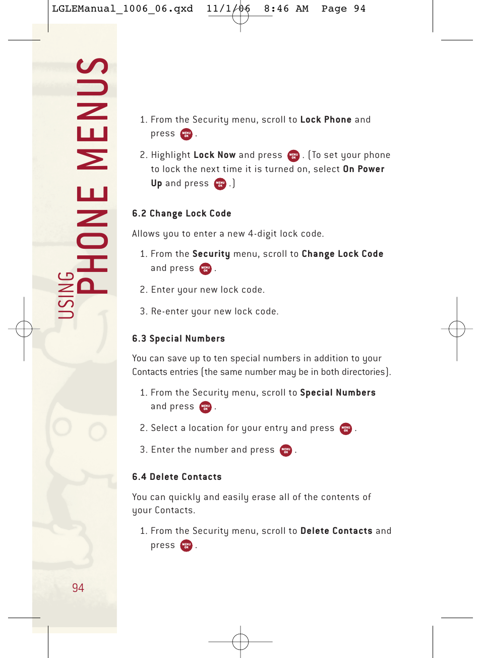 Ph o ne menu s, Usi n g | LG DML210 User Manual | Page 94 / 121