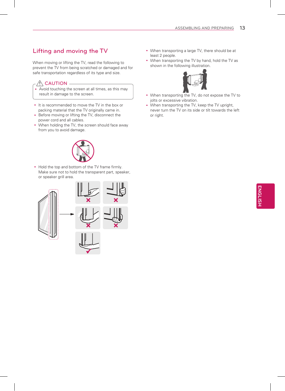 Lifting and moving the tv | LG 60LA8600 User Manual | Page 13 / 52