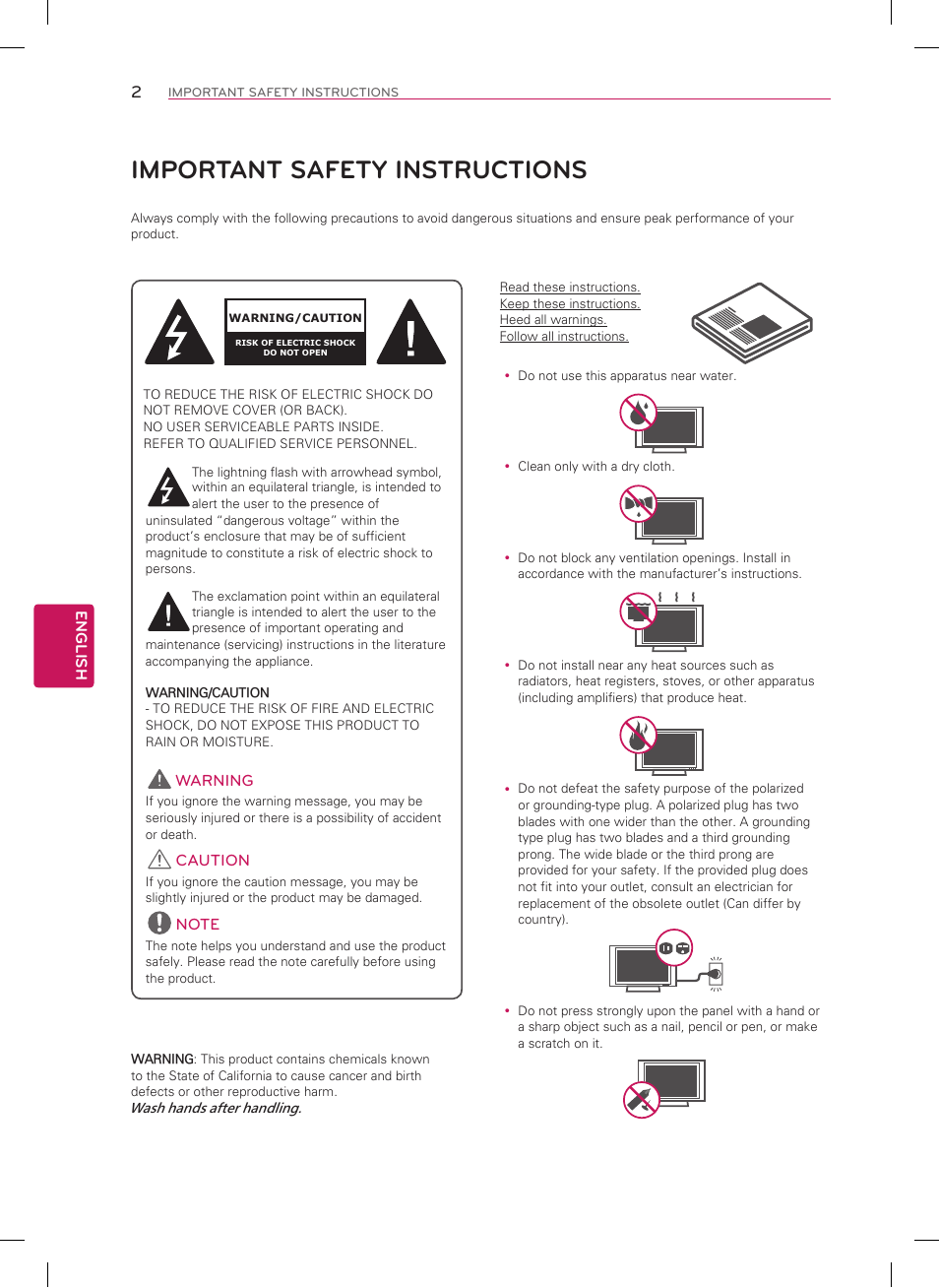 Important safety instructions, English, Warning | Caution | LG 60LA8600 User Manual | Page 2 / 52