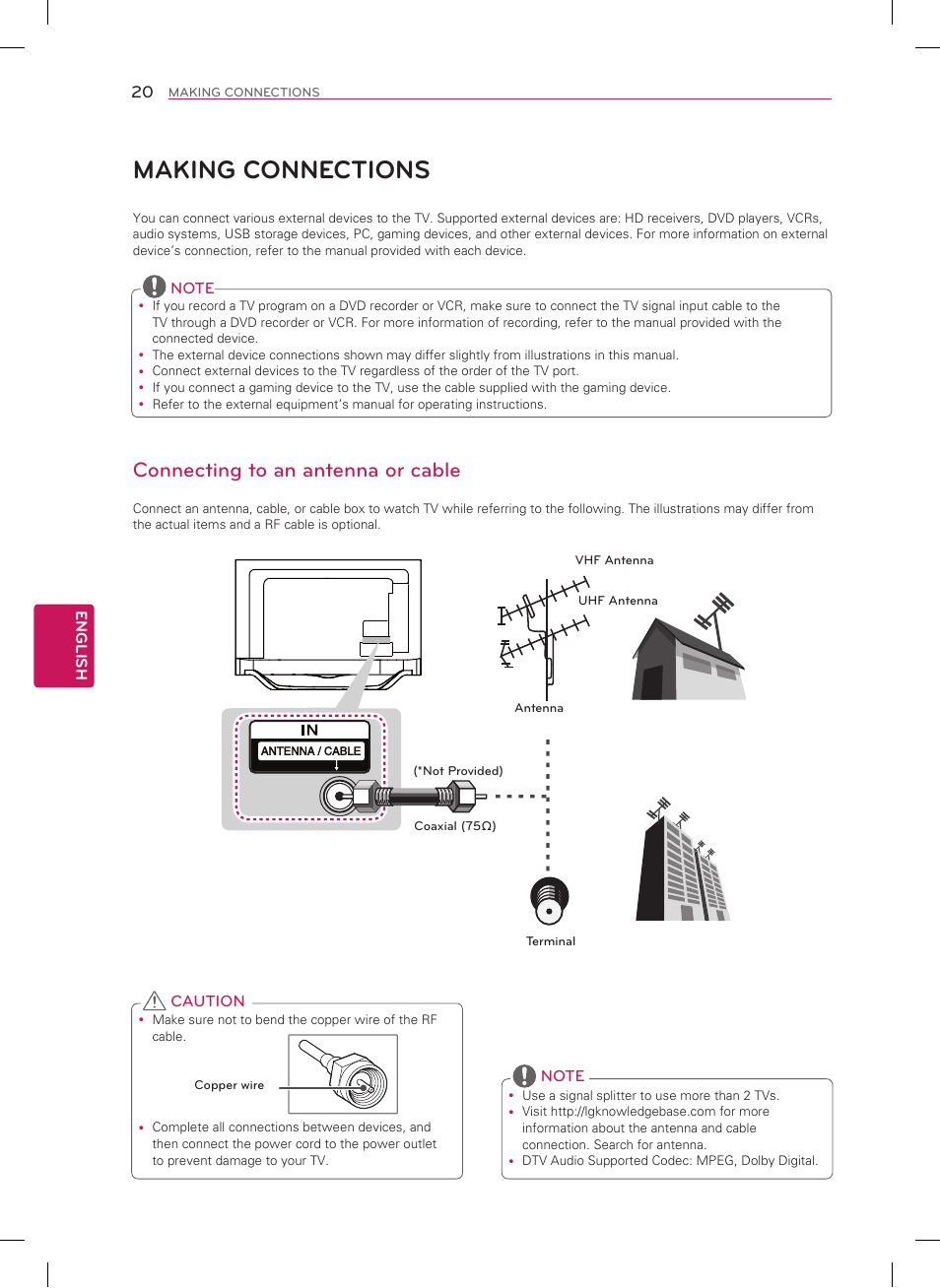 Making connections, Connecting to an antenna or cable | LG 60LA8600 User Manual | Page 20 / 52