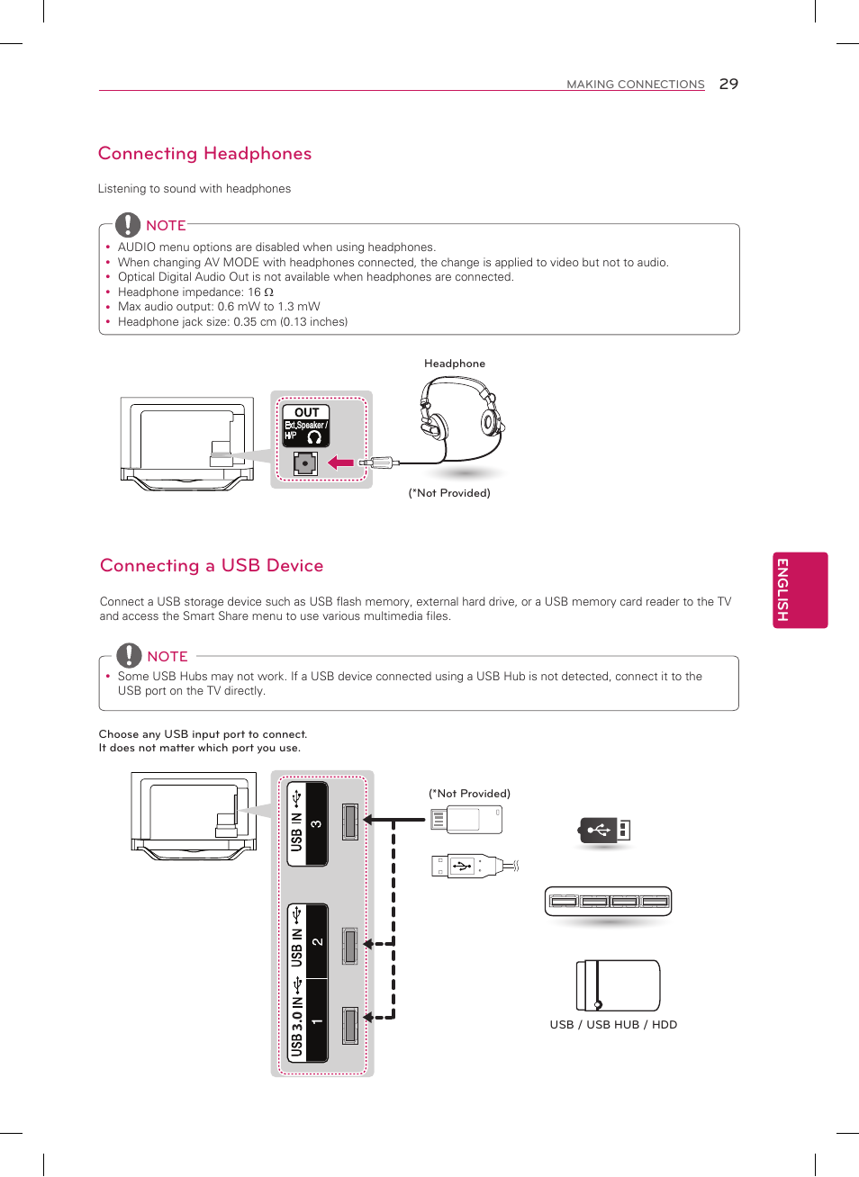 Connecting to an audio system, Connecting headphones, Connecting a usb device | Digital optical audio connection | LG 60LA8600 User Manual | Page 29 / 52